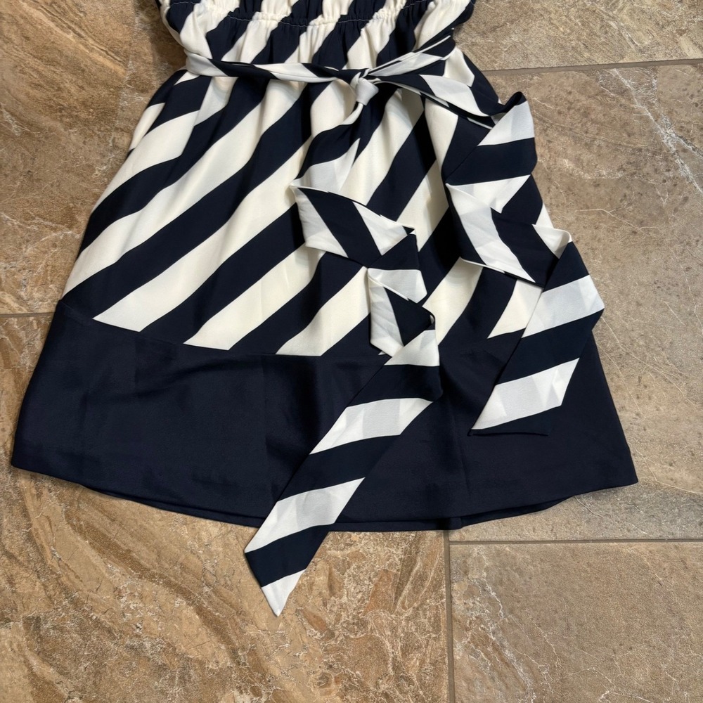 Express Navy Blue White Striped Sleeveless Belted Mini Dress Medium Nautical - Picture 6 of 7